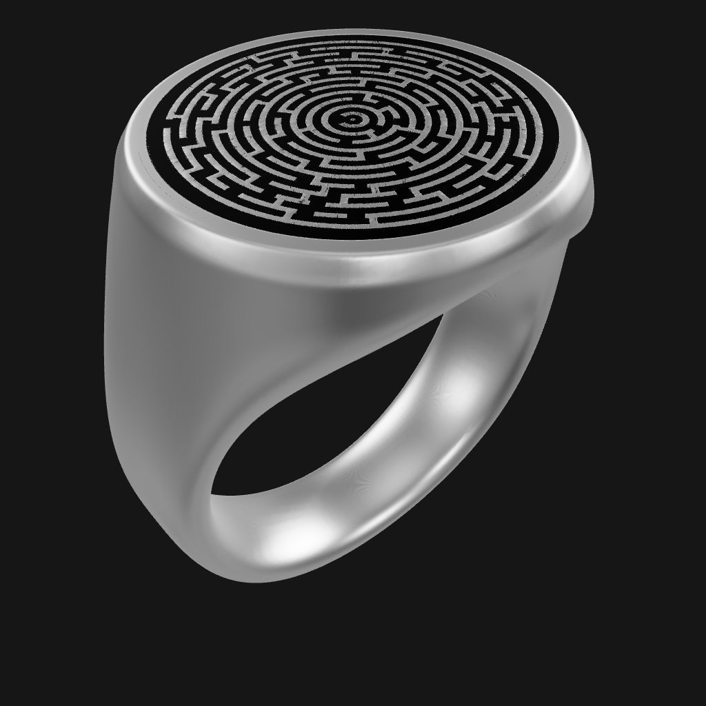 925 Sterling Silver / black coldenamel Siegelring rund "labyrinth" silber glanz in 3D-Ansicht